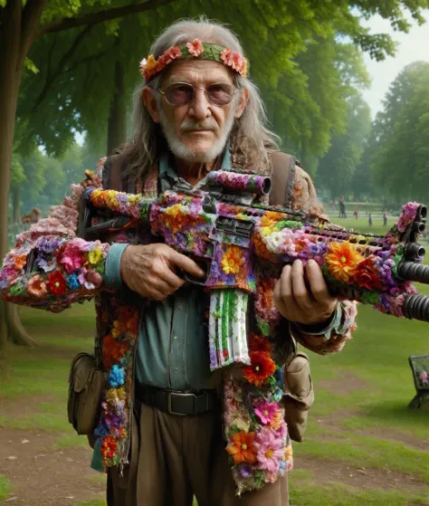 An old hippy man holding an ais-flowery Assault Rifle in a park, <lora:XL_Weapon_Assault_Rifle_-_By_HailoKnight:0.8> <lora:Flowery_Style_SDXL:0.8>