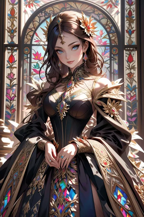 ((Masterpiece, best quality,edgQuality)),smiling,excited,
edgFD, a dress made of golden stained glass,design,woman wearing edgFD...