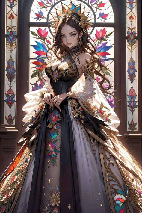 ((Masterpiece, best quality,edgQuality)),smiling,excited,
edgFD, a dress made of golden stained glass,design,woman wearing edgFD...