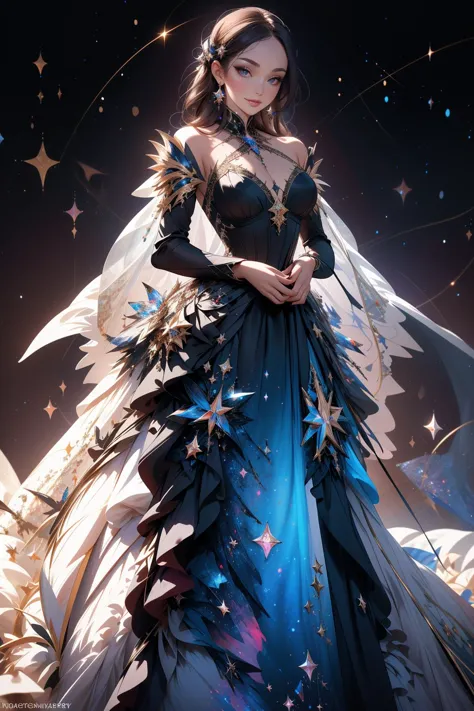 ((Masterpiece, best quality,edgQuality)),smiling,excited,
edgFD, a dress with a lot of stars on it,cosmic dress , woman wearing ...
