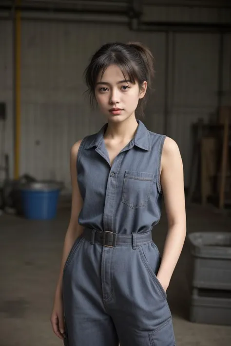 3. Young female mechanic (ethnicity: Hispanic, age: mid-20s) in a busy auto workshop (setting: industrial, cluttered). She's in a mechanic's jumpsuit (fabric: durable, oil-stained) with a tool belt. Her hair is tied back in a practical ponytail, with no makeup. She's working under a car (action: skilled, focused), her pose confident and capable.