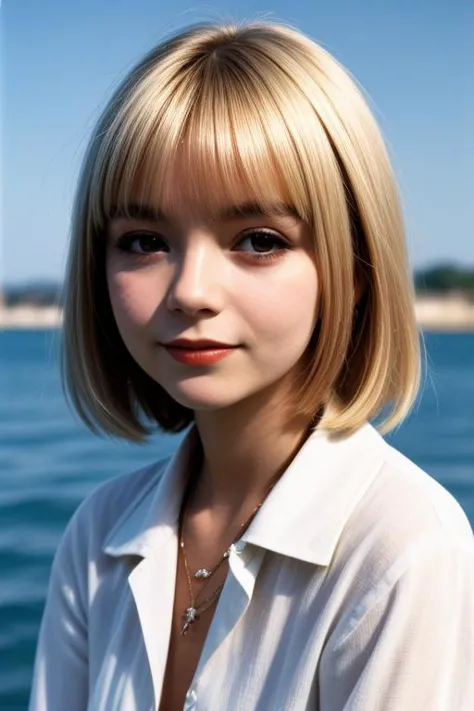 a close up of a woman with a white shirt and a necklace