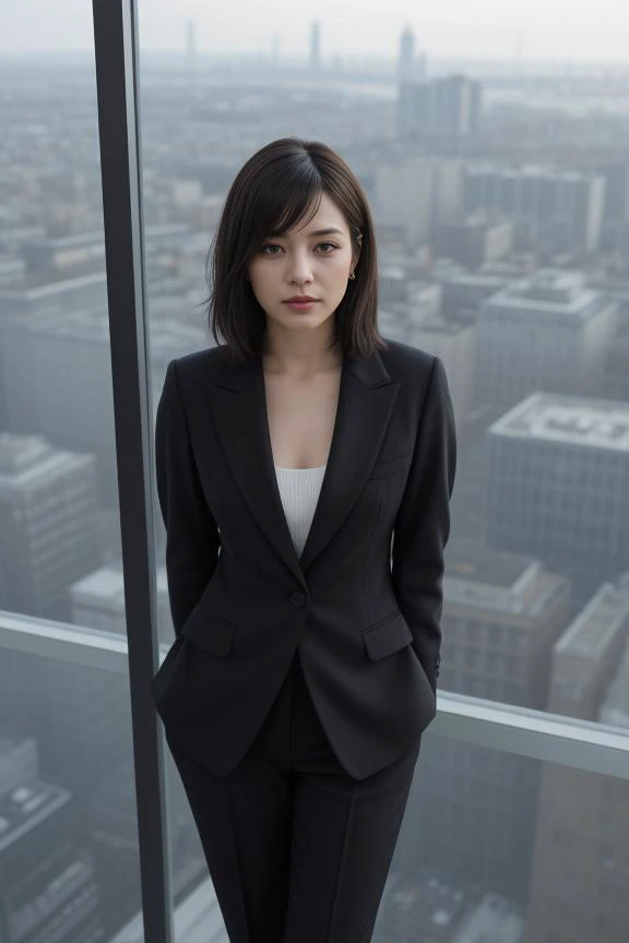 arafed woman in a black suit standing in front of a window