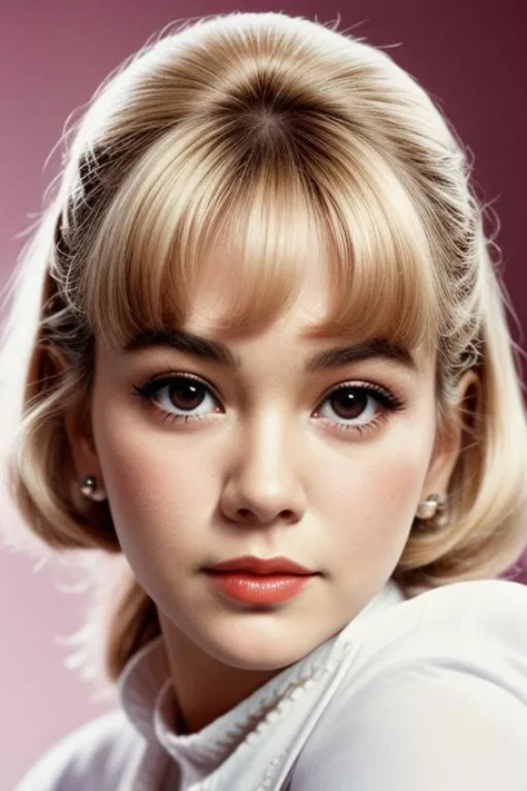 a close up of a woman with blonde hair and a white shirt