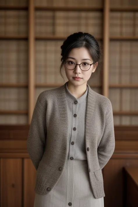 a woman in glasses and a sweater standing in a room