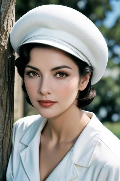 a close up of a woman wearing a white hat near a tree