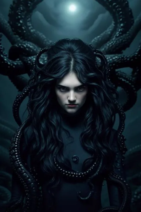 a woman with long black hair and a large octopus head