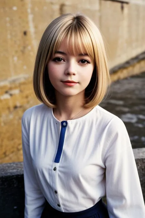 a close up of a woman with a short blond haircut