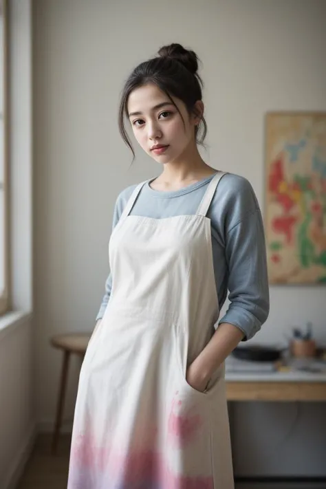 a woman standing in a room with a white apron on