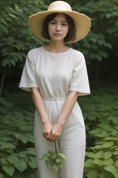 a woman in a white dress and a straw hat holding a plant