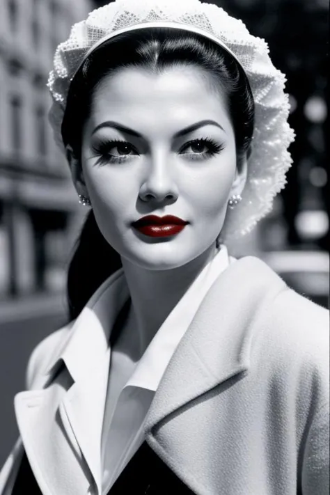 a close up of a woman wearing a hat and a coat