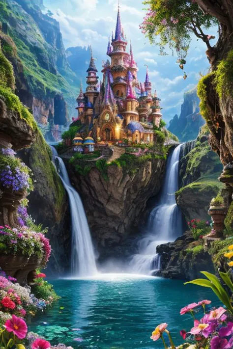 a castle in the middle of a waterfall surrounded by flowers