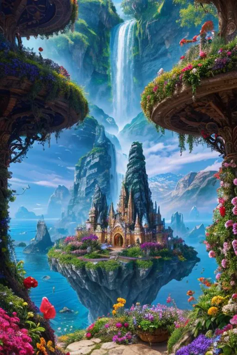 a painting of a castle surrounded by flowers and a waterfall