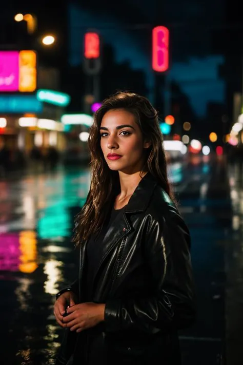 photo of a woman. neon lights, late at night, in the rain, very long brown wet hair, cinematic, shallow depth of field, extremely detailed