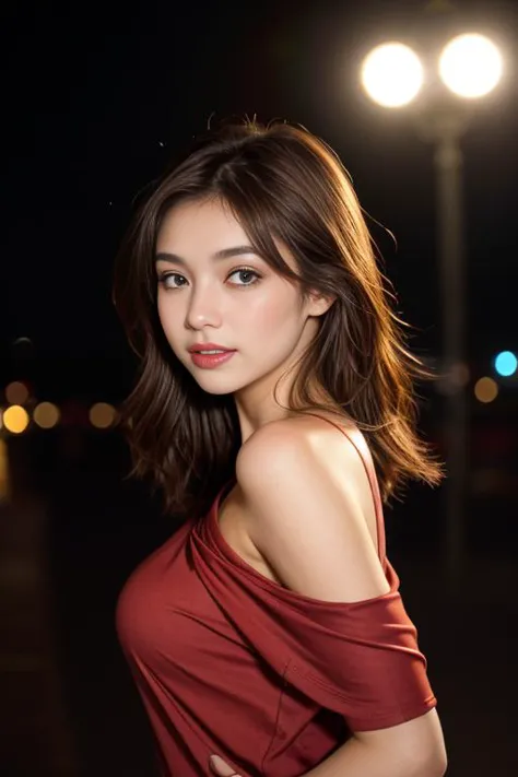 a woman in a red dress posing for a picture in the dark