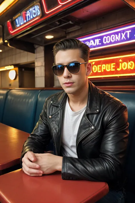 Retro vibe, man with slicked-back hair, sunglasses, vintage leather jacket, diner booth, neon jukebox glow, nostalgic 80s ambiance.