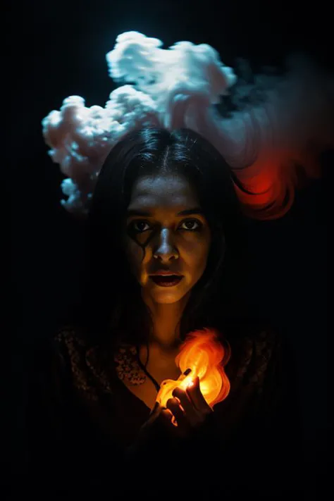 a woman holding a candle in her hands with a cloud in the background