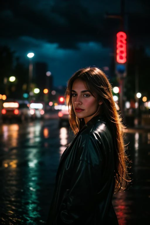 a woman standing on a street corner at night with a neon sign