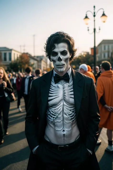 realistic portrait photo of a man dressed as a skeleton vampire hybrid, costume, cosplay, cinematic halloween LUT