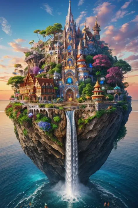 a castle on a floating island with a waterfall in the middle