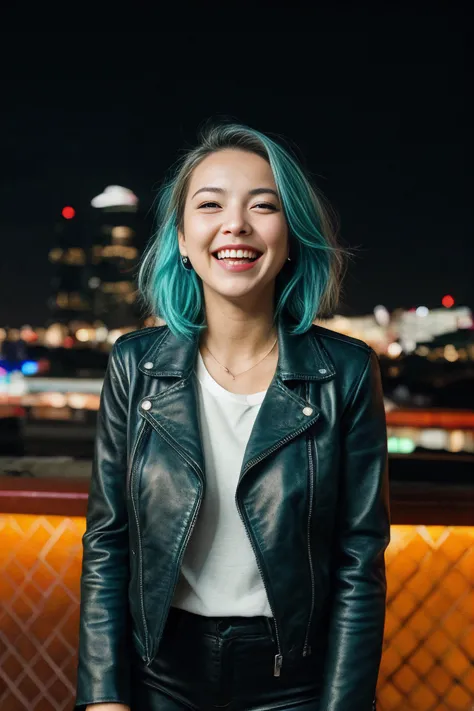 a woman with blue hair and a black leather jacket smiles at the camera