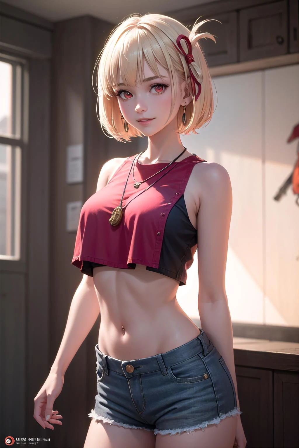 (highly detailed:1.3), 
1girl, solo, light smile, 
lyrchisato, red eyes, short shorts, sleeveless shirt, midriff, earrings, necklace, hair ornament, cowboy shot, 
Ultra-detail, (highres:1.1), best quality, (masterpiece:1.3), cinematic lighting,