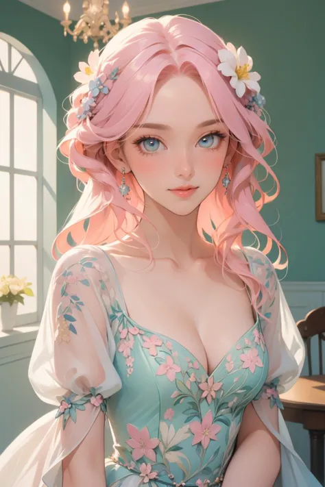 a woman with pink hair and blue eyes wearing a dress