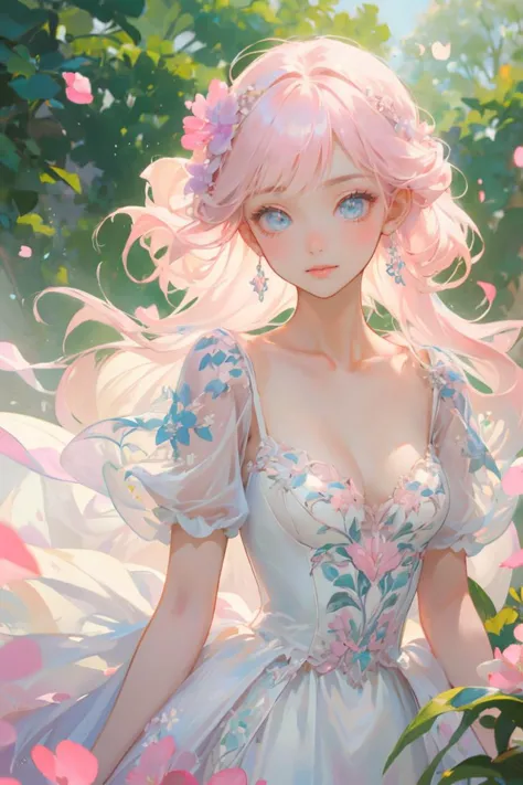 anime girl in a white dress with pink hair and blue eyes