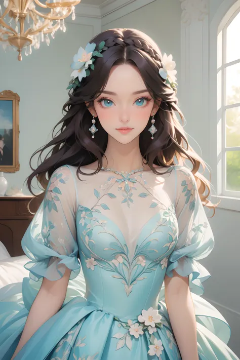 (masterpiece, best quality:1.3), 1girl, brown hair, french braid, long hair, green eyes, light smile, upper body, portrait, looking at viewer, dr3ss, pastel theme gown, floral print, puffy short sleeves, hair flower, see-through, hair ornaments, jewelry, ballroom, indoors, chandelier, windows, beautiful face, beautiful eyes, <lora:Outfit_soph-SpringFlingCouture:0.8>