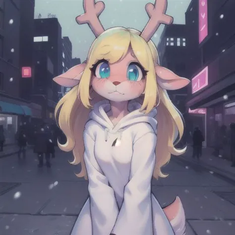 anime girl with horns and a white coat on a city street