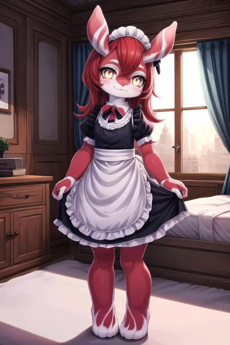 1girl, solo, masterpiece, ultra detailed, <lora:more_details:0.7>, bedroom, bed, scenery, <lora:MelusineV2:0.9>, melusine, red skin, rounded ears, red hair, yellow eyes, smile, maid, maid outfit, frills, standing,