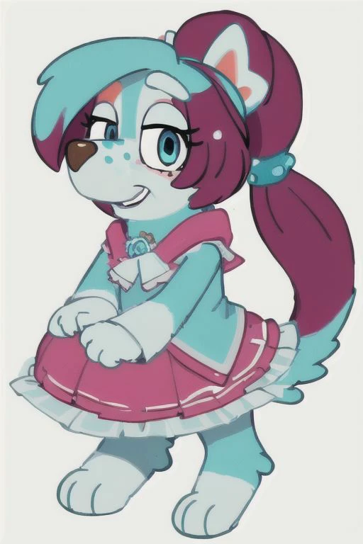 little cartoon puppy girl, Bluey Style, aqua colored fur with white spots, burgundy hair, ponytail, aqua eyes, smile, no background, white background, (masterpiece, best quality), (Detailed and Intricate, best image, high-resolution)