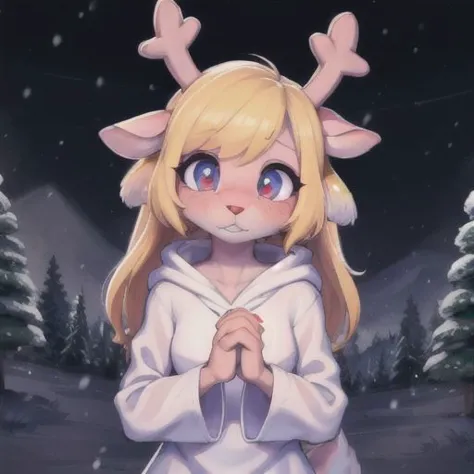 anime girl with deer horns and a white dress in the snow