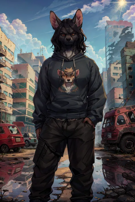 (hi res), ((masterpiece)), ((best quality)), (GS-Masculine:0.8), reflecting light, mammal, dog furry, anthro, angry face, makeup, realistic, long shot, black fur, (sweatshirt and pants:1.2), curvy hairs, post-apoc, postapoc_character, postapoc_scenery, postapoc_vehicle, postapoc_raider, gasmask, ruined_cityscape, distant_character, wasteland, hazmat