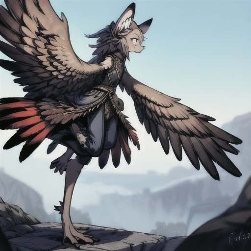 Solo, 1_person, 2_wings, large_wings, massive_wings, long_tail, 2_legs, fighting_pose, short_snout, fully_clothed, pants, covered_butt, wearing_pants, long_skirt, covered_crotch, no_arms, no_hands, clothed, clothing, wing_arms, dress, pants, short_nose, small_snout, robe, avian_wings, covered_butt, large_wings, avian_body, long_wings, hand_feet, no_forearms, no_elbows, wings_for_arms, harpy, large_wings_for_arms, random_pose, handfeet, huge_wings, massive_wings, feather_covered_butt, feline_face,
 cat_ears, flat_chest, feathers, digitigrade_legs, finger_toes, (best quality, high quality)(rating: safe)