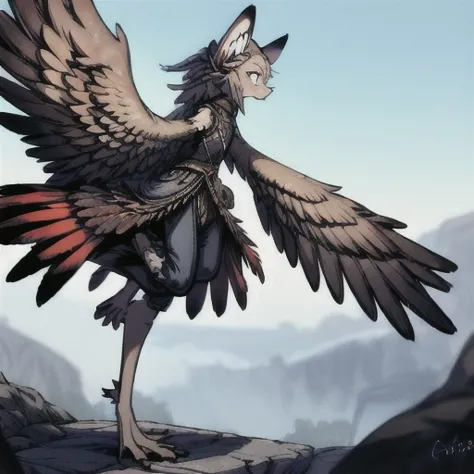 Solo, 1_person, 2_wings, large_wings, massive_wings, long_tail, 2_legs, fighting_pose, short_snout, fully_clothed, pants, covere...