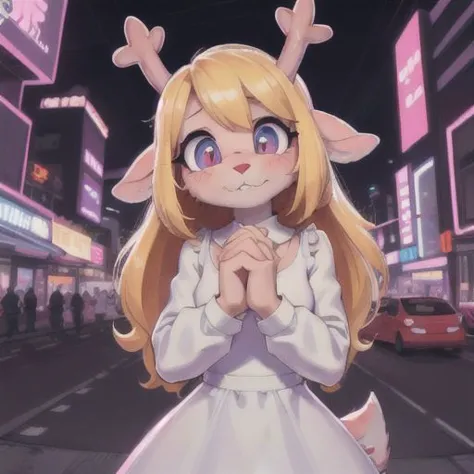 noelle, FurryCore, interlocked fingers, nervous, white dress, in the neon city, deer, deer nose, deer horns, blonde hair, deer, ...