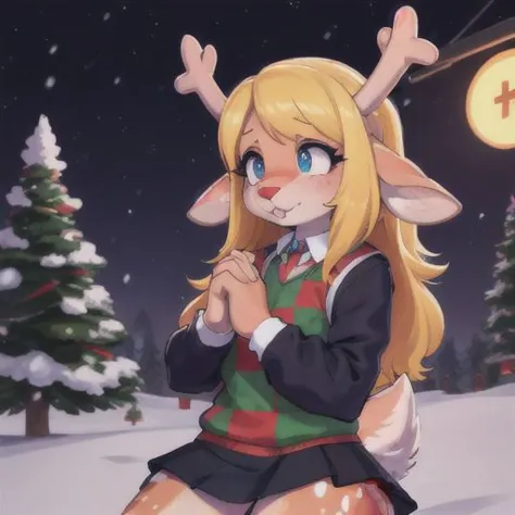 noelle, FurryCore, interlocked fingers, praying, X3, checkered sweater, skirt, in the neon snow place, deer, deer nose, deer hor...