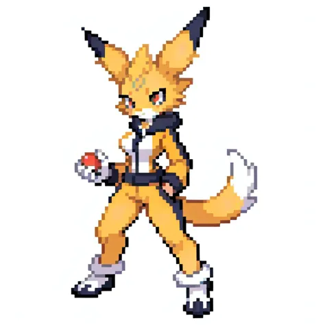 jolteon, (1girl), (anthro), furry, (yellow fur), rabbit ears, medium breasts, 
looking to the side, determined,
track suit,
whit...