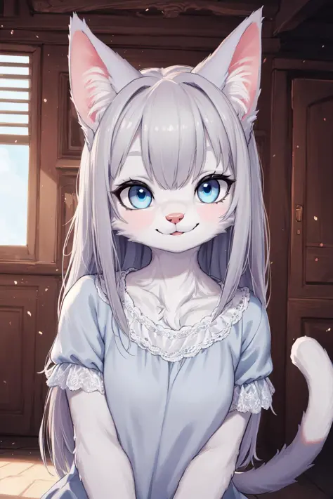 (hi res), ((masterpiece)) , ((best quality)), illustration, furry, 
cat, animal ears, tail, bodyfur, 1girl, POV, upper body, 1girl, solo, long hair, gray hair, *//*, blue eye, *//*, white blouse, looking at viewer, smile,