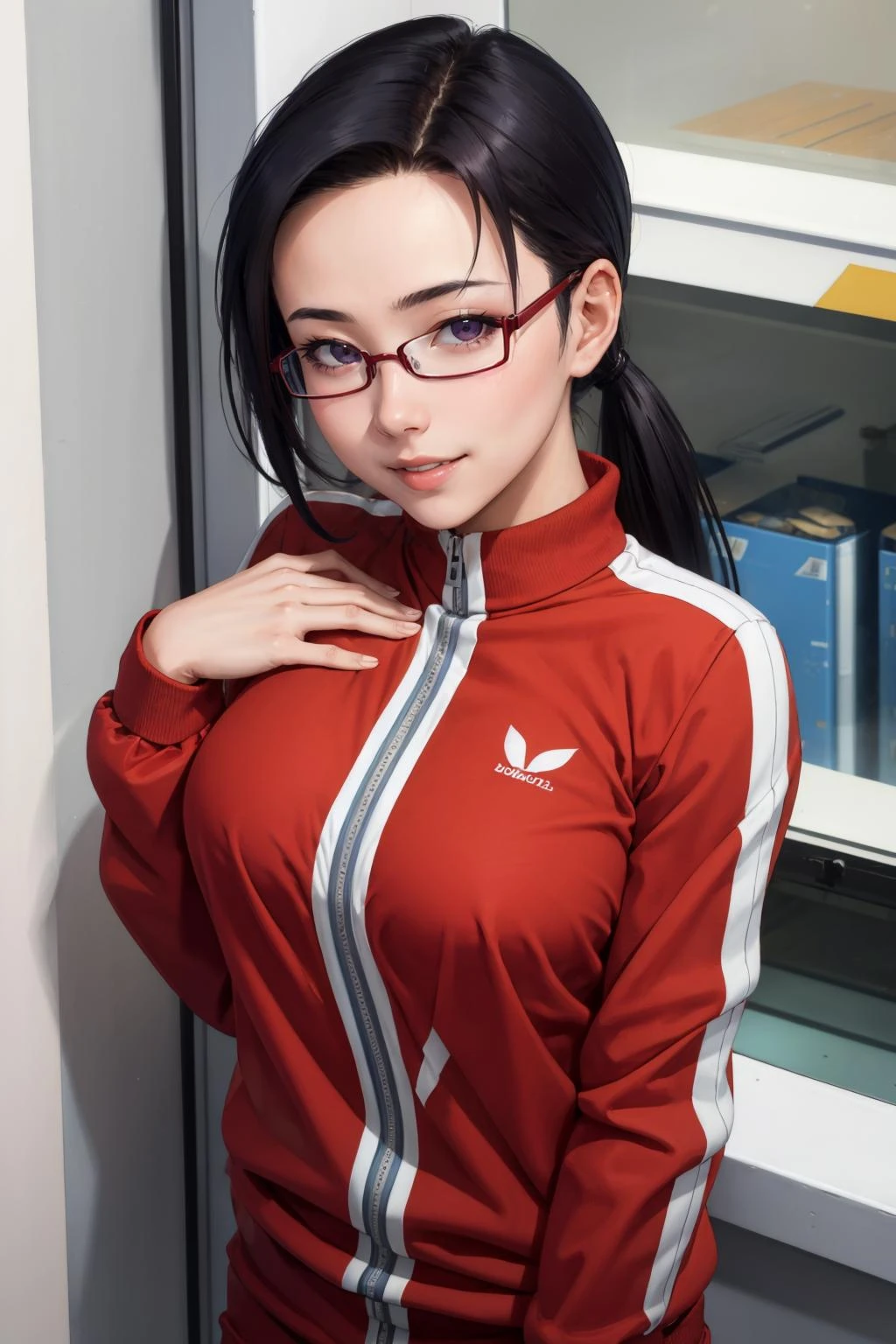 masterpiece, best quality,  satou sakie, glasses, track jacket, red pants, looking at viewer, large breasts, upper body, portrait, looking at viewer, parted lips, smile, hand on own chest, from above