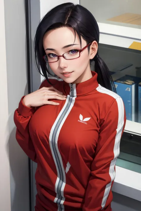 masterpiece, best quality,  <lora:sakie-nvwls-v1-000009:0.9> satou sakie, glasses, track jacket, red pants, looking at viewer, l...