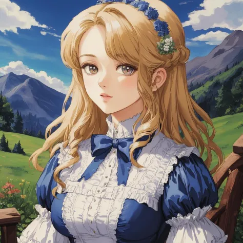 masterpiece HDR victorian portrait painting of woman, blonde hair, mountain nature, blue sky
