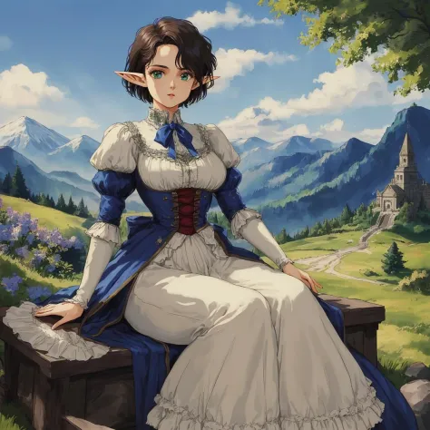masterpiece HDR victorian,elf warrior portrait painting of woman, short hair, mountain nature, blue sky
