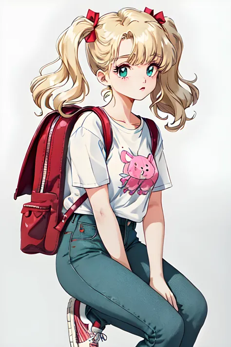 Penny IG (Female teen, Blonde hair in pigtails, turquoise eyes, petite, fair skin) wearing a red backpack, a red and white strip...
