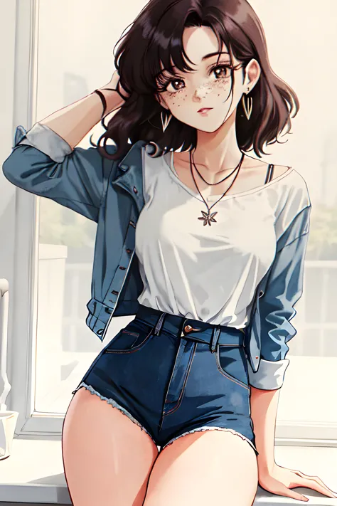 anime girl with short hair and a white shirt sitting on a window sill