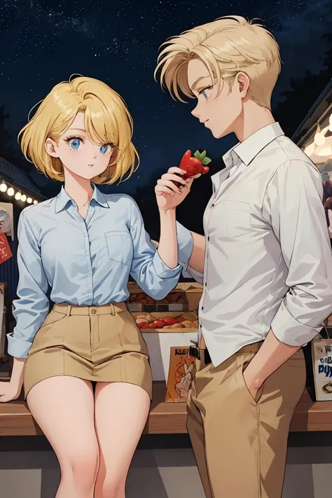 anime couple standing next to each other eating a strawberry