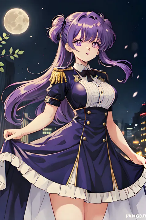 Iris Luna (Tall woman, Eye color Lilac, Long flowing Vibrant Purple Hair, Violet Lips, medium bust) wearing a dress uniform, (Ma...