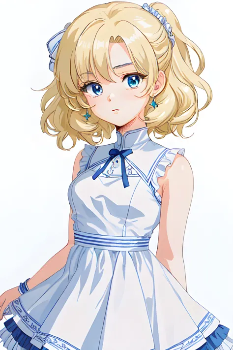 anime girl in a white dress with blue eyes and a blue bow