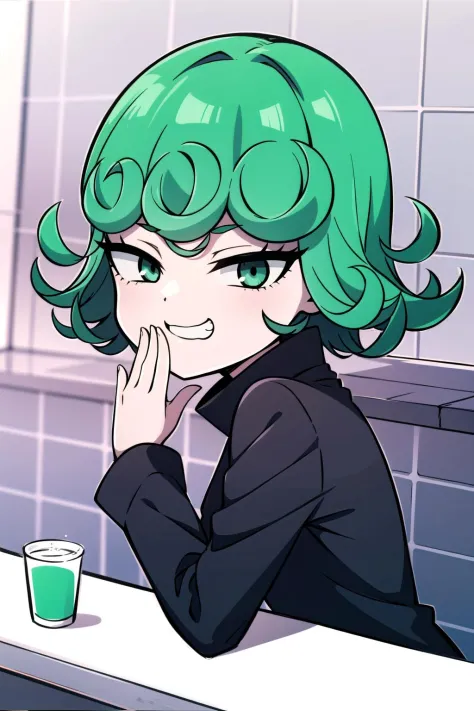 absurdres, highres, ultra detailed, tatsumakitornado, solo, green hair, curly hair, black dress, long sleeves, looking at viewer, grin, :3, teeth, upper body, hand to own mouth, looking at viewer, bathroom, tiles, 